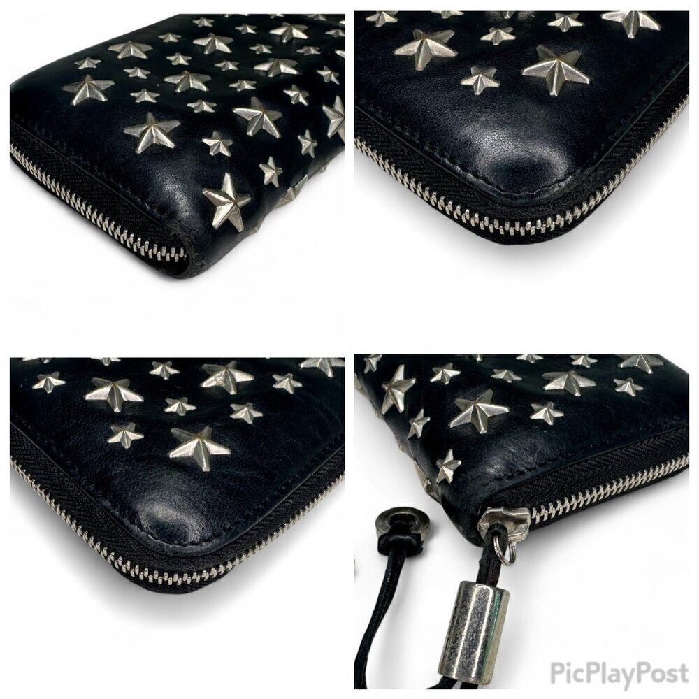 Jimmy Choo Long Black Leather Zippered Wallet, Silver Star Studs w/ Box - USED - Picture 6 of 15